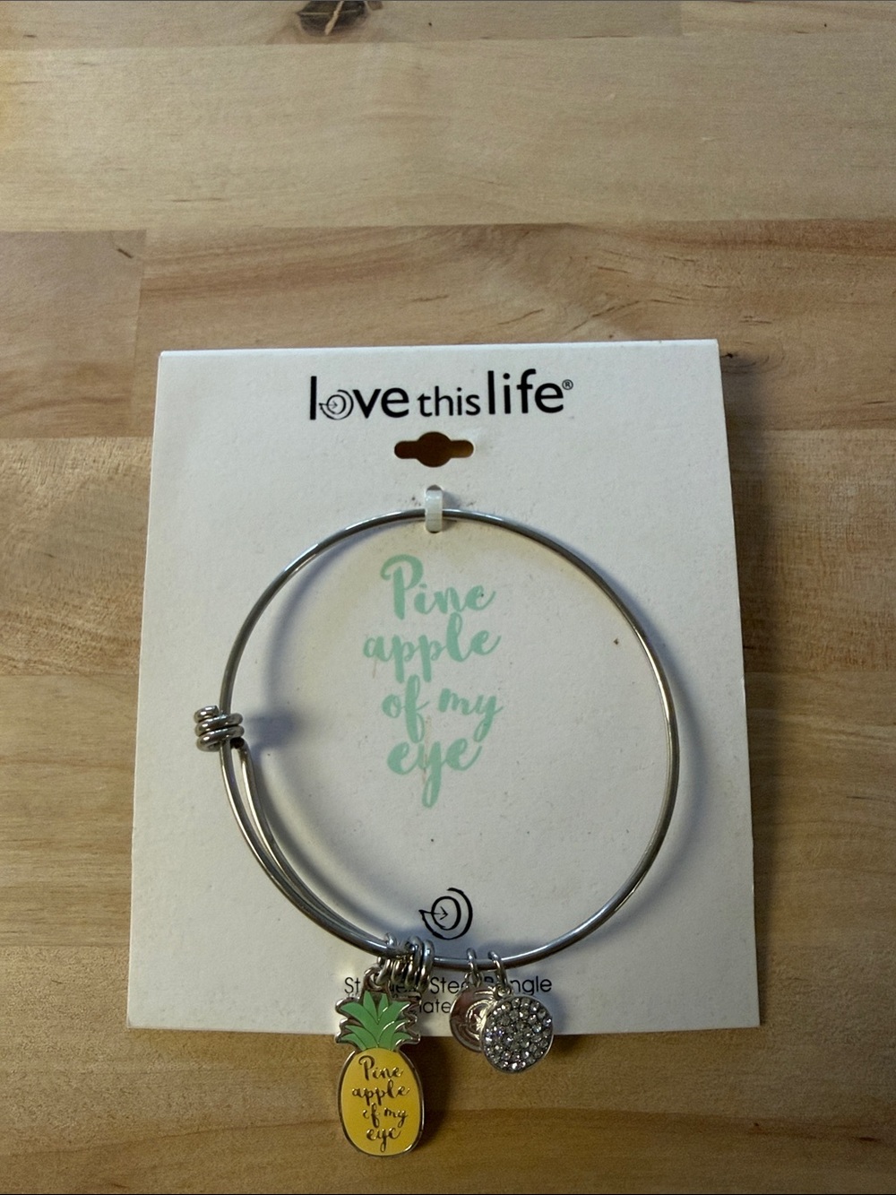 Silver Bangle Bracelet with Yellow Pineapple Charm